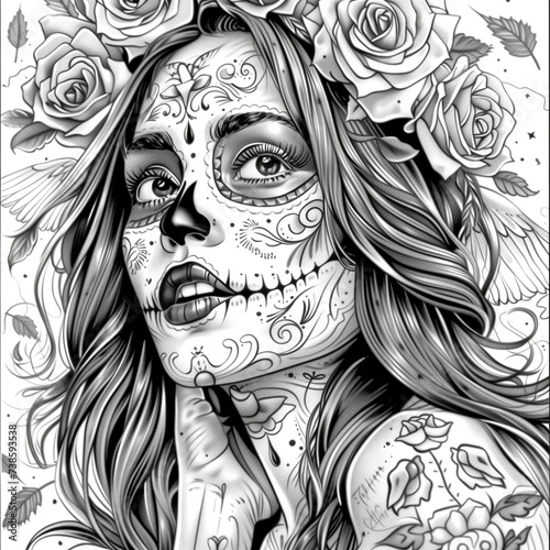 Vintage chicano tattoo style template. Tattoo style portrait of chicano girl, Mexican woman with flowers art
