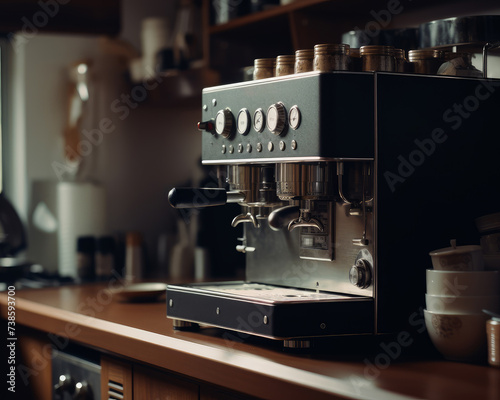 Professional espresso coffee machine standing on the wooden counter in the kitchen