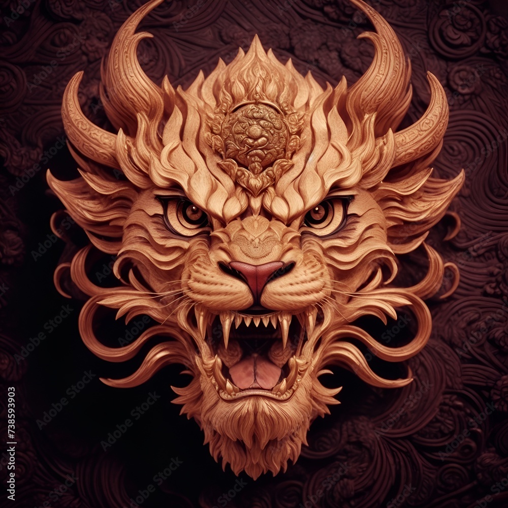 Fototapeta premium Abstract decorative lion mask. Fashionable background for design projects. Illustrations created using artificial intelligence. Illustrations and Clip Art AI generated.