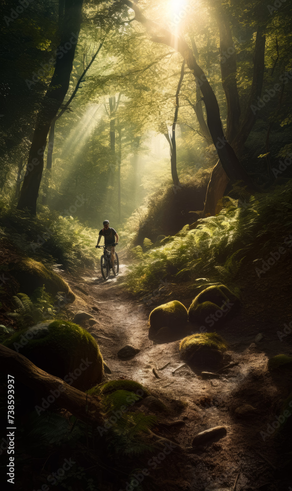 Man is riding mountain bike in the forest with sun rays and dust during foggy day. Man is riding mountain bike in the forest with sun rays and dust during foggy day.