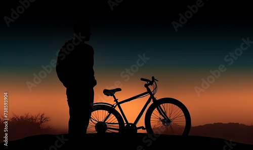 Silhouette of man with bicycle on the background of the sunset