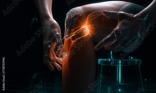 Woman is sitting on chair with her hands holding her knee pain in the knee joint sciatica medical image 3d render © Vadim
