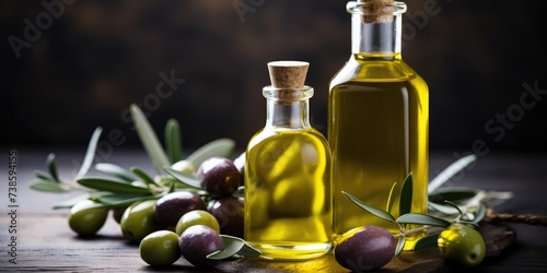 Glass bottle of organic olive oil with olive branch