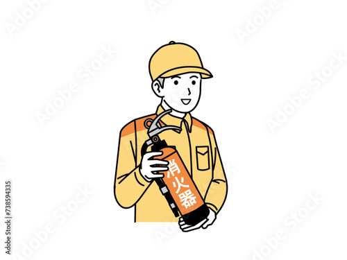 消火器について説明する消防士のイラスト