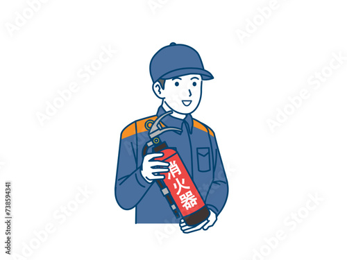 消火器について説明する消防士のイラスト