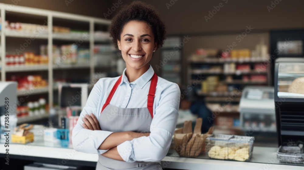 A smiling young female stood in front of the counter with her arms crossed, a supermarket worker, looking at the camera. A smiling young female stood in front of the counter with her arms crossed, a supermarket worker, looking at the camera.