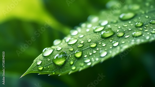 Large beautiful transparent raindrops on green leaves macro