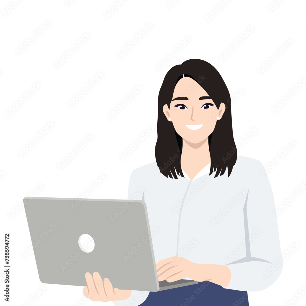 Cute businesswoman in office with laptop. Flat vector illustration isolated on white background Cute businesswoman in office with laptop. Flat vector illustration isolated on white background