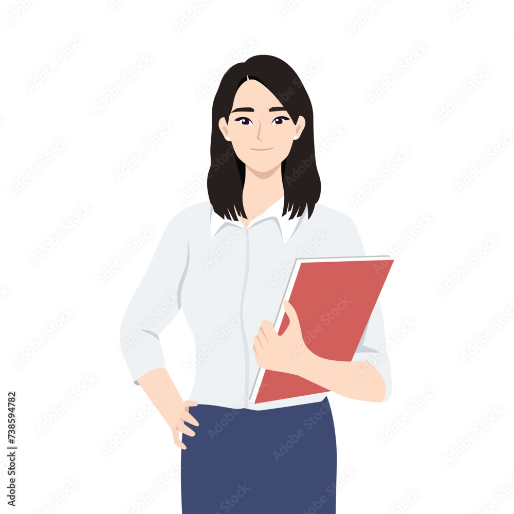 Beautiful young business woman or secretary keeps a folder. Flat vector illustration isolated on white background Beautiful young business woman or secretary keeps a folder. Flat vector illustration isolated on white background