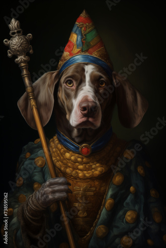 Noble portrait, Dog, Jester, Minstrel, Jocker, Scepter, Royal, Renaissance, Medieval. COURT JESTER DOG. 3D buffoon doggy dressed up in 1500s style