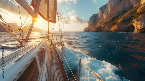 A boat is sailing on the ocean with a beautiful sunset and cliffs in the background.