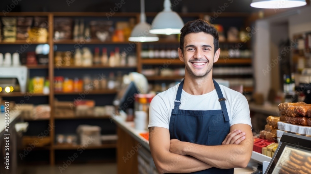 A smiling young male stood in front of the counter with her arms crossed, a supermarket worker, looking at the camera. A smiling young male stood in front of the counter with her arms crossed, a supermarket worker, looking at the camera.