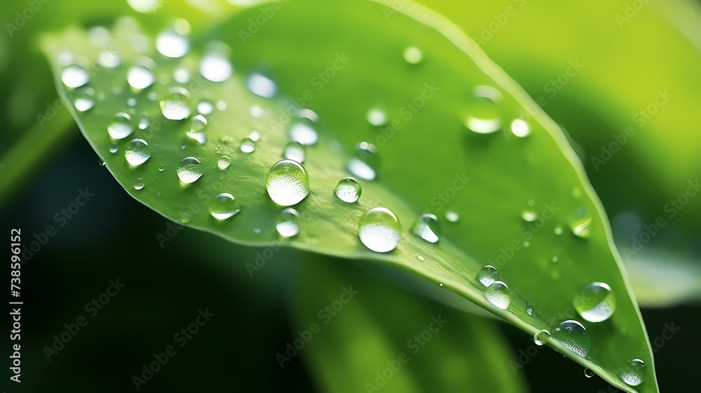 Fototapeta premium Large beautiful transparent raindrops on green leaves macro