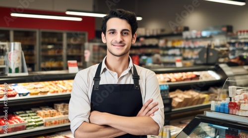 A smiling young male stood in front of the counter with her arms crossed, a supermarket worker, looking at the camera.