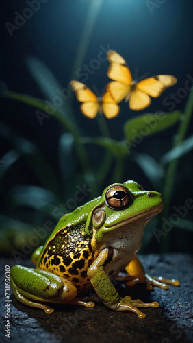 A green frog sits on a rock alone with a background of 2 gold butterflies