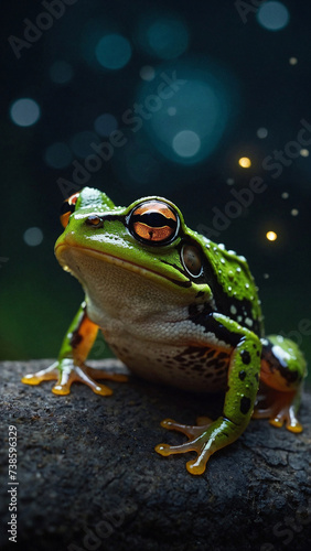 A green frog sits on a river rock on a shining background