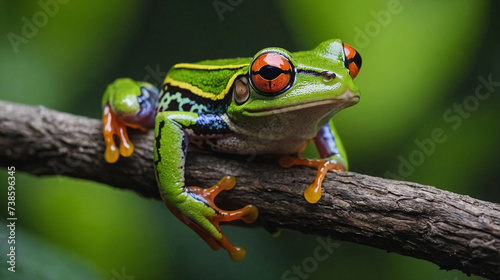 A striking-skinned red-eyed tree frog perched on a tree branch