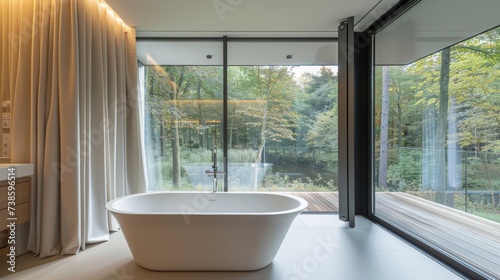 Serene Bathroom with Floor-to-Ceiling Windows and Simple Bathtub in Natural Light. © ArquitecAi