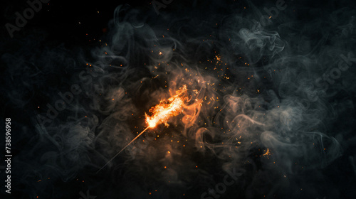 Fire sparkler in dense smoke, abstract Christmas.