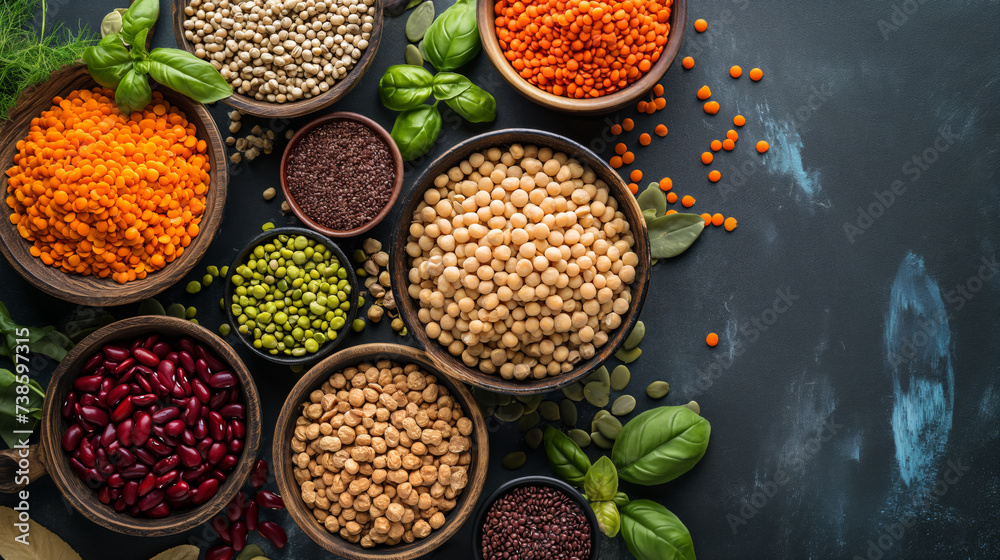 Flat lay view of assorted legumes, a vibrant mix of plant-based proteins
