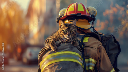 Firefighter hero carrying cat pet animal.