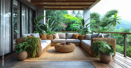 utdoor balcony living room area cosy furniture wicker material cosy comfort relax natural home and garden design photo