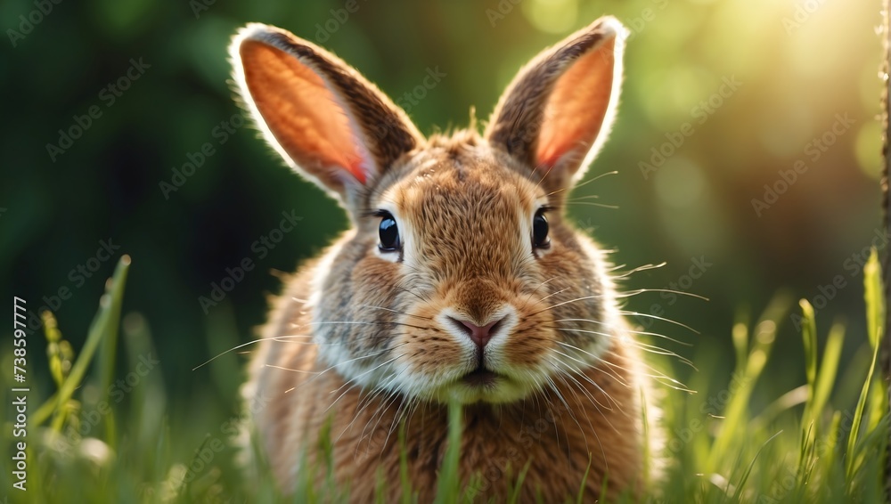 Ultra-detailed picture, 8K, serene meadow landscape, close-up of a playful rabbit nibbling on fresh green grass, bathed in the warm glow of the afternoon sun, capturing every whisker. generative AI