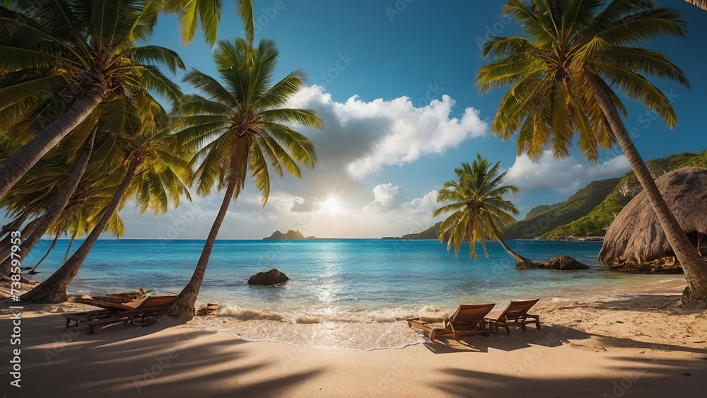 Outdoor luxury sunset over infinity pool swimming summer beachfront hotel resort, tropical landscape. Beautiful tranquil beach holiday vacation background. Amazing island sunset beach view, palm trees