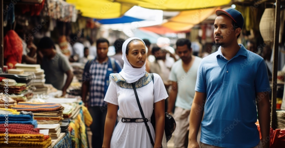 Travelers exploring a vibrant local market, medium shot of cultural immersion.