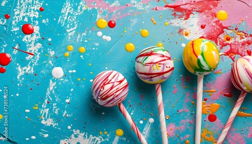 three marbled lollipops on colorful background sweet candy treat 