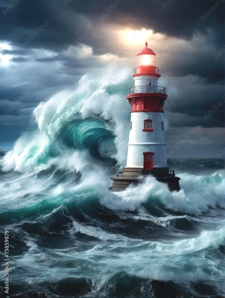A lighthouse in the middle of a terrible storm, heavy rain and strong waves.