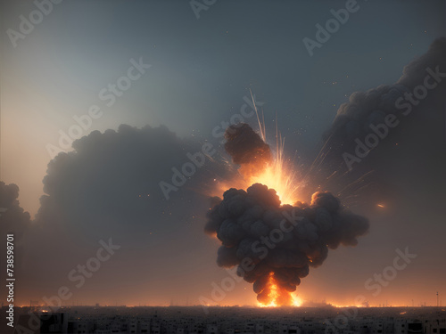 Explosion in an eastern city. War in the city. Background for design projects. Illustrations created using artificial intelligence. Illustrations and Clip Art AI generated. photo