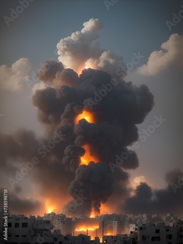 Explosion in an eastern city. War in the city. Background for design projects. Illustrations created using artificial intelligence. Illustrations and Clip Art AI generated. photo