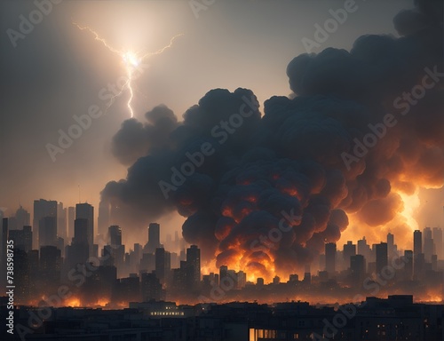 Explosion in an eastern city. War in the city. Background for design projects. Illustrations created using artificial intelligence. Illustrations and Clip Art AI generated. photo