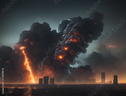 Explosion in an eastern city. War in the city. Background for design projects. Illustrations created using artificial intelligence. Illustrations and Clip Art AI generated. photo