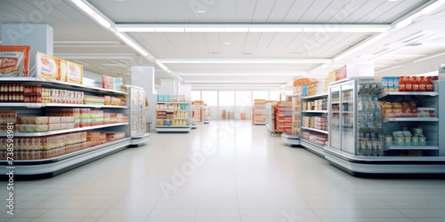 supermarket aisle with products on the colorful shelves.