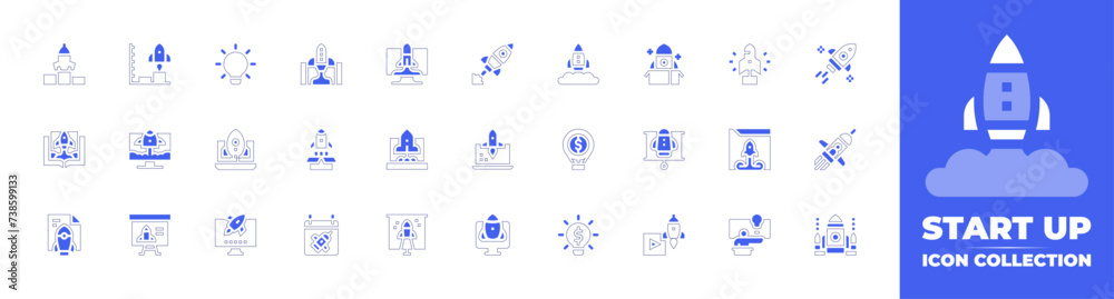 Start up icon collection. Duotone style line stroke and bold. Vector illustration. Containing idea, startup, start up, deployment, rocket, launching, launch, presentation, undertake, monitor, space.