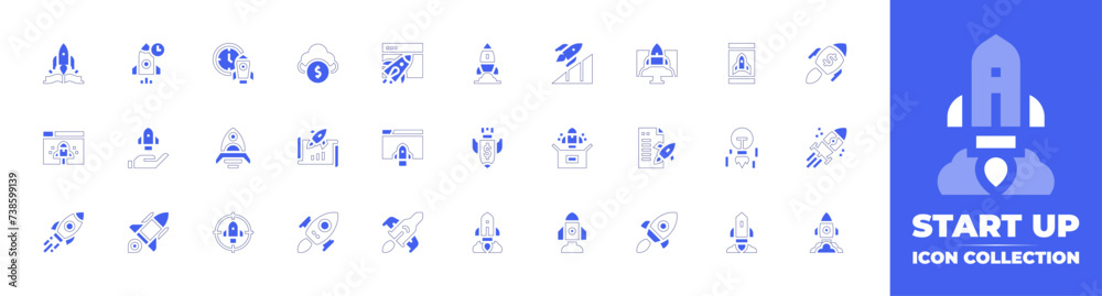 Start up icon collection. Duotone style line stroke and bold. Vector illustration. Containing take off, advancement, rocket, web design, smartphone, crowfunding, rocket launch, new product, launch.