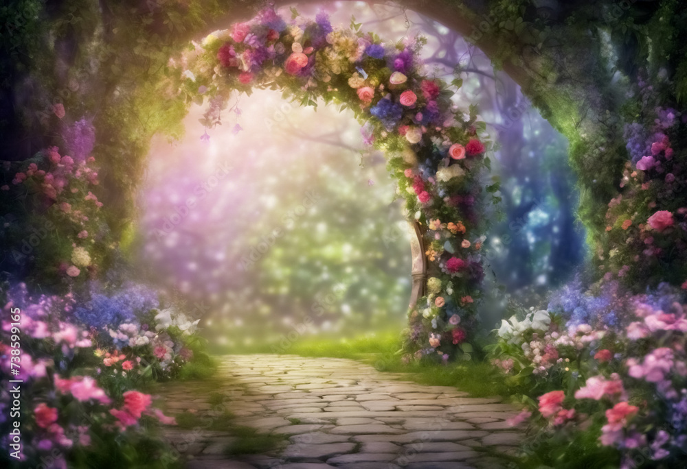 Passaggio Fiorito Incantato- Un'Arcata Eterea Decorata da una Lussureggiante Varietà di Fiori, Creando un'Atmosfera Magica