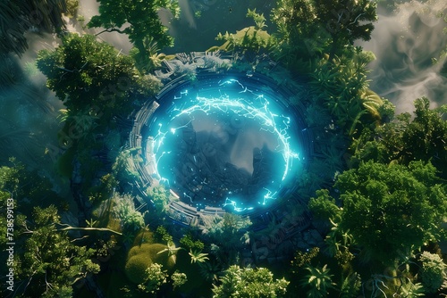 Blue portal, stargate, forest landscape, game design, futuristic plot, aerial view, glare of light on the portal