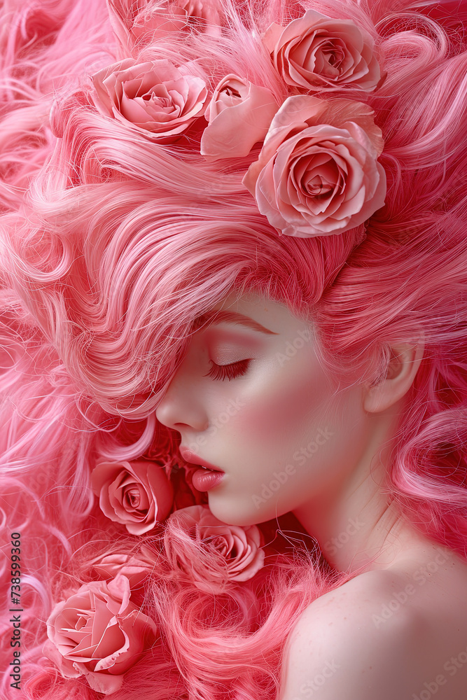 Pink hair. Hairstyle. Beautiful girl. Generative AI