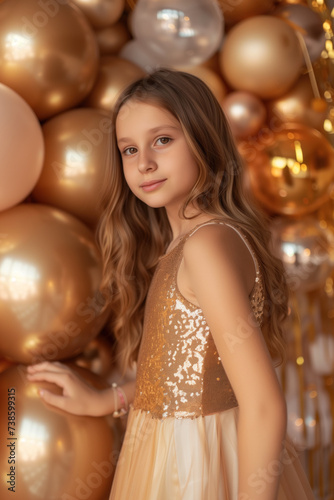 Elegant Young Girl in a Sequined Gold Dress with Festive Balloons