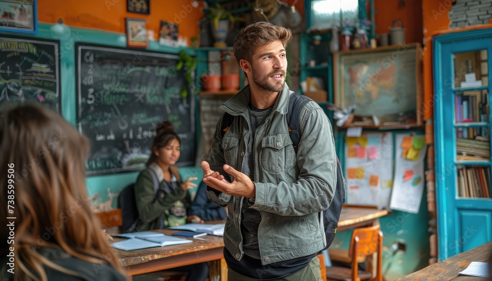 Obraz premium A middle-aged teacher in a school classroom teaching students. American style of teaching. Friendly atmosphere