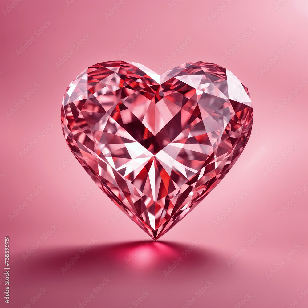 Large, vivid pink diamond in the shape of heart sits against pink background. Generative AI.