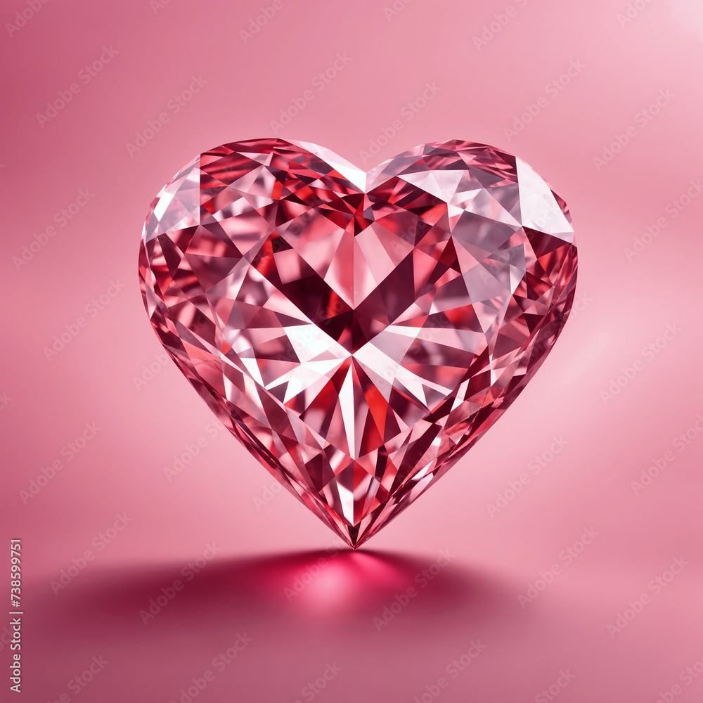 Large, vivid pink diamond in the shape of heart sits against pink background. Generative AI. Large, vivid pink diamond in the shape of heart sits against pink background. Generative AI.