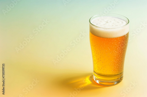 Glass of beer close-up on colorful bright blurred background. Place for text. Generative AI.