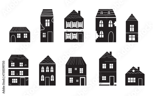 Vector black silhouette architecture house icon set isolated on white background. Doodle style.
