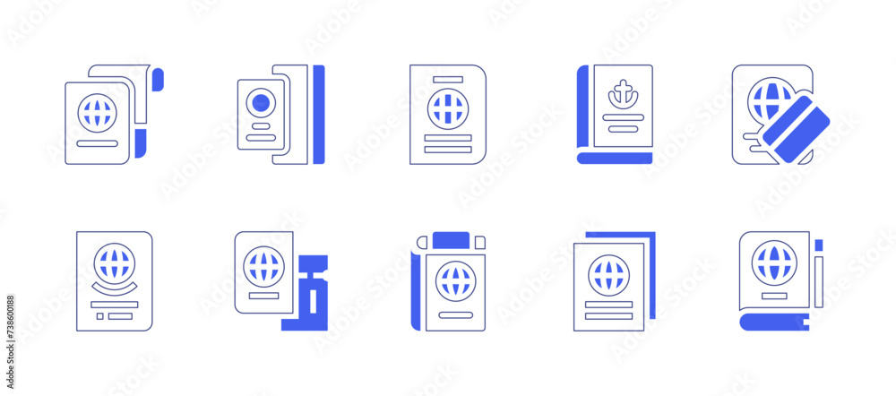 Passport icon set. Duotone style line stroke and bold. Vector illustration. Containing passport, deportation, check, plane ticket.