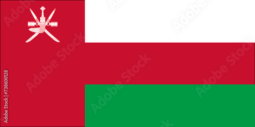 Close-up of red, white and green national flag of Asian country of Oman with dagger and two swords. Illustration made February 17th, 2024, Zurich, Switzerland.