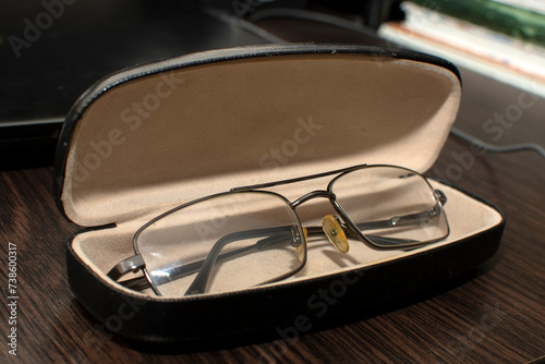 Close up view of a eyeglasses	 photo